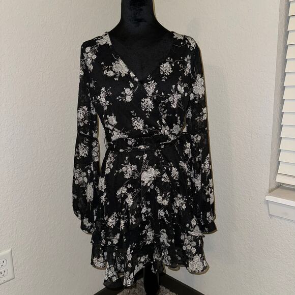 B. Darlin Dresses & Skirts - B Darlin Ruffled-Hem Faux-Wrap A-Line Dress Long Sleeve Black Floral Women's 7/8